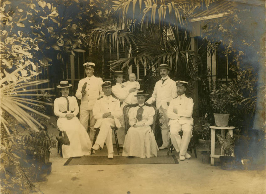 E R H and M H Pollard (front middle).  Evelyn Brook behind.  Jamaica 1902
