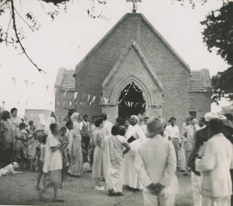 October 1950 - Rededication of church at Fazalpur near Mandawali, Delhi.  Outside church after service. 