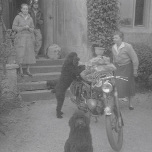 Mich & Pinto leaving Hillesley House  R by bike  Sept 59