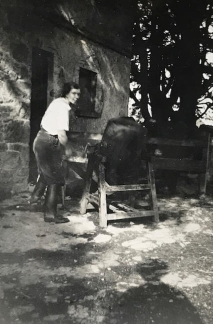 Ruth making butter at Loughpark 1950